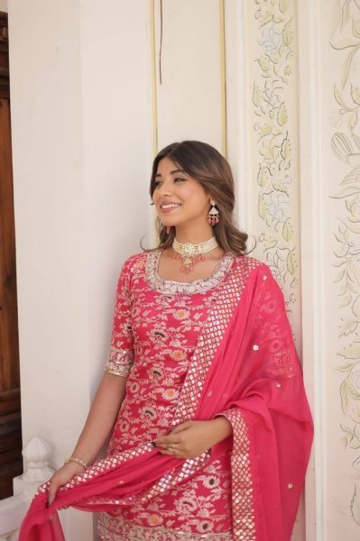 Ready to Wear Rani pink Kurti Gharara in Viscose Jacquerd  and Embroidery Sequence work with Russion Silk Dupatta  Sharara Set