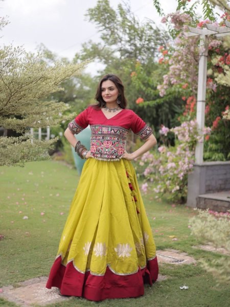 Ready to Wear Roman Fabric Navratri Lehenga with Stitched Gamthi Embroidered Top  Lehenga