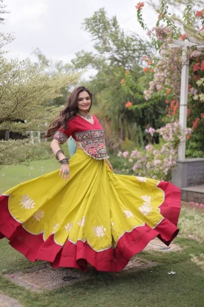 Ready to Wear Roman Fabric Navratri Lehenga with Stitched Gamthi Embroidered Top Navratri Lehnega Choli