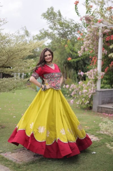 Ready to Wear Roman Fabric Navratri Lehenga with Stitched Gamthi Embroidered Top Navratri Lehnega Choli