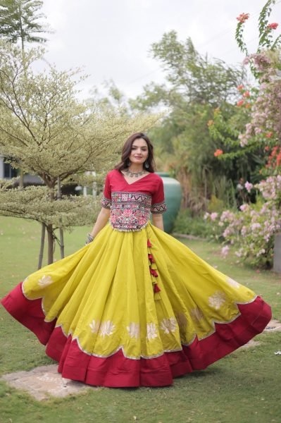 Ready to Wear Roman Fabric Navratri Lehenga with Stitched Gamthi Embroidered Top Navratri Lehnega Choli