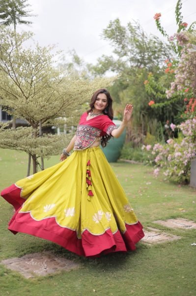 Ready to Wear Roman Fabric Navratri Lehenga with Stitched Gamthi Embroidered Top Navratri Lehnega Choli