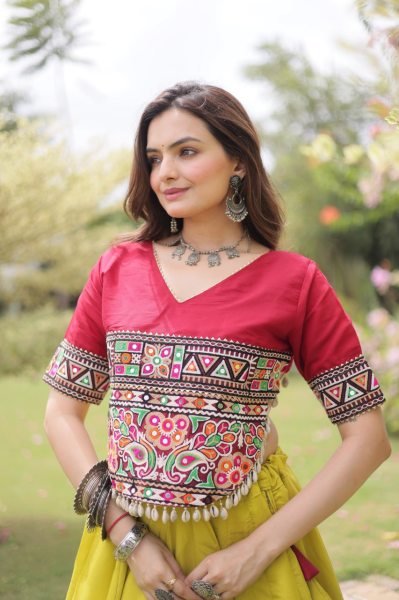 Ready to Wear Roman Fabric Navratri Lehenga with Stitched Gamthi Embroidered Top Navratri Lehnega Choli