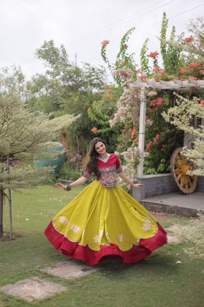 Ready to Wear Roman Fabric Navratri Lehenga with Stitched Gamthi Embroidered Top Navratri Lehnega Choli