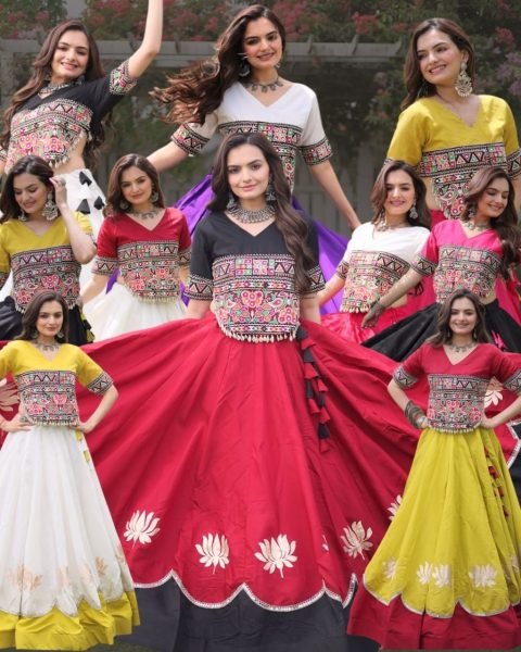 Ready to Wear Roman Fabric Navratri Lehenga with Stitched Gamthi Embroidered Top Navratri Lehnega Choli
