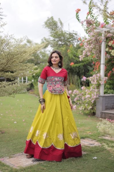 Ready to Wear Roman Fabric Navratri Lehenga with Stitched Gamthi Embroidered Top Navratri Lehnega Choli
