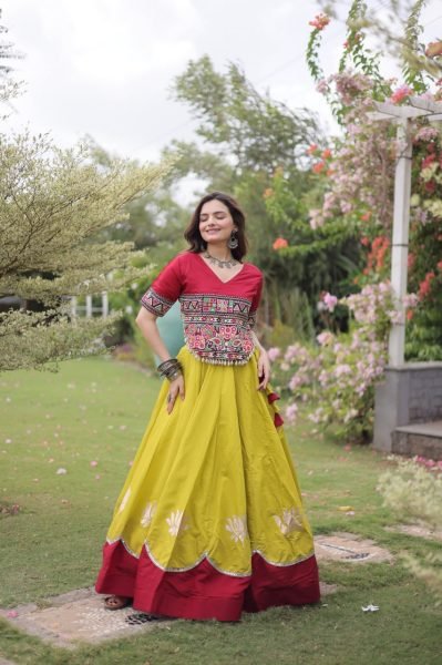 Ready to Wear Roman Fabric Navratri Lehenga with Stitched Gamthi Embroidered Top Navratri Lehnega Choli
