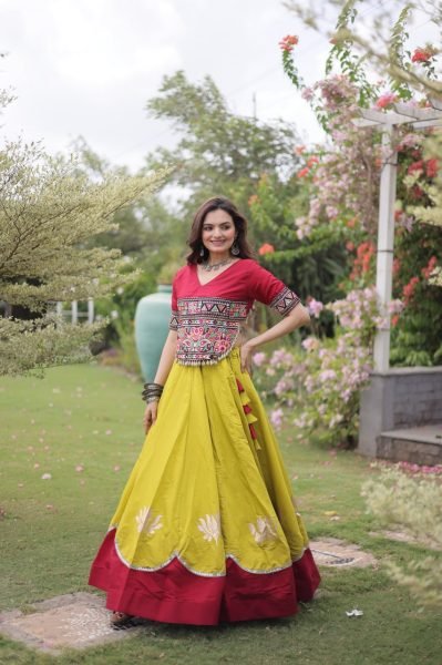 Ready to Wear Roman Fabric Navratri Lehenga with Stitched Gamthi Embroidered Top Navratri Lehnega Choli