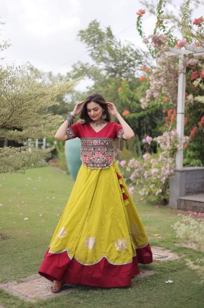 Ready to Wear Roman Fabric Navratri Lehenga with Stitched Gamthi Embroidered Top Navratri Lehnega Choli