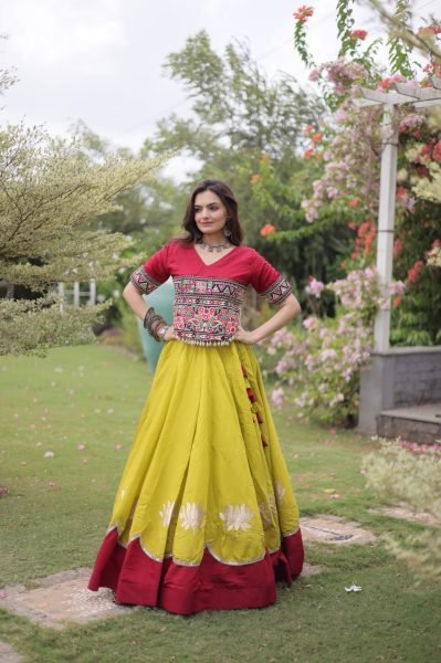 Ready to Wear Roman Fabric Navratri Lehenga with Stitched Gamthi Embroidered Top Navratri Lehnega Choli
