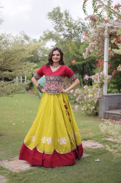 Ready to Wear Roman Fabric Navratri Lehenga with Stitched Gamthi Embroidered Top Navratri Lehnega Choli