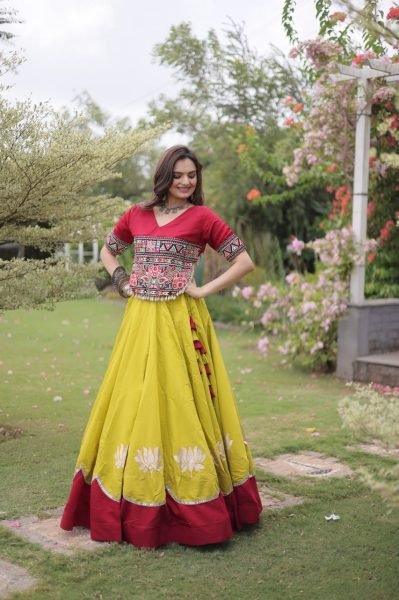 Ready to Wear Roman Fabric Navratri Lehenga with Stitched Gamthi Embroidered Top Navratri Lehnega Choli