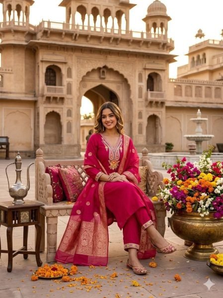 Ready to Wear Roman Silk Sequence Embroidery Kurti Set with Cotton Silk Dupatta for Resellers and Retailers Embroidery Kurtis 