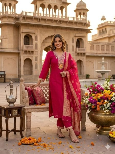 Ready to Wear Roman Silk Sequence Embroidery Kurti Set with Cotton Silk Dupatta for Resellers and Retailers Embroidery Kurtis 