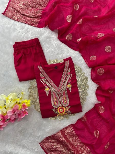 Ready to Wear Roman Silk Sequence Embroidery Kurti Set with Cotton Silk Dupatta for Resellers and Retailers Embroidery Kurtis 