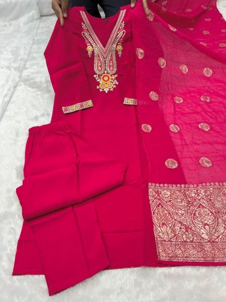Ready to Wear Roman Silk Sequence Embroidery Kurti Set with Cotton Silk Dupatta for Resellers and Retailers Embroidery Kurtis 