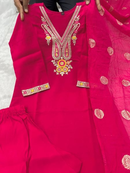 Ready to Wear Roman Silk Sequence Embroidery Kurti Set with Cotton Silk Dupatta for Resellers and Retailers Embroidery Kurtis 