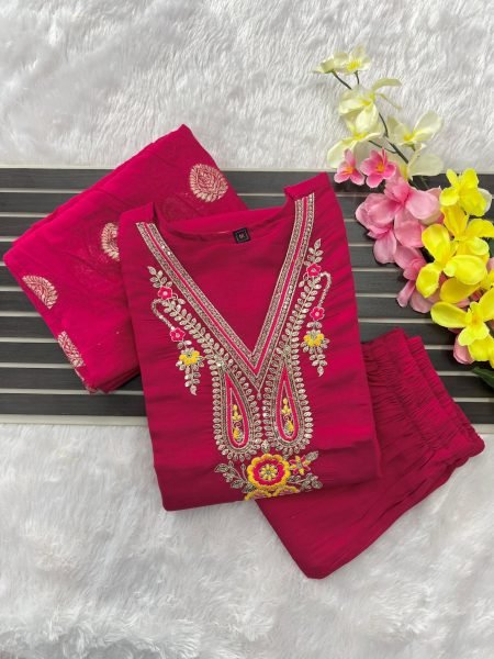Ready to Wear Roman Silk Sequence Embroidery Kurti Set with Cotton Silk Dupatta for Resellers and Retailers Embroidery Kurtis 