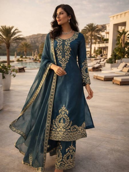 Ready to Wear Silk Thread Work Straight Cut Top with Palazzo and Dupatta for Reseller Shops 