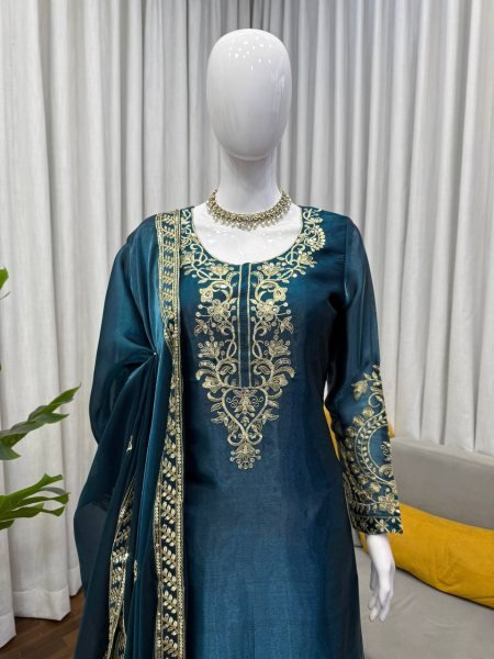 Ready to Wear Silk Thread Work Straight Cut Top with Palazzo and Dupatta for Reseller Shops Ready To Wear Collection