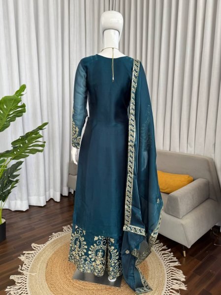 Ready to Wear Silk Thread Work Straight Cut Top with Palazzo and Dupatta for Reseller Shops Ready To Wear Collection