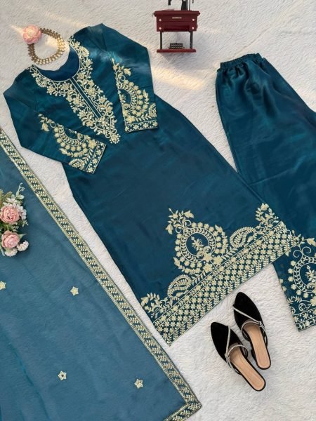 Ready to Wear Silk Thread Work Straight Cut Top with Palazzo and Dupatta for Reseller Shops Ready To Wear Collection