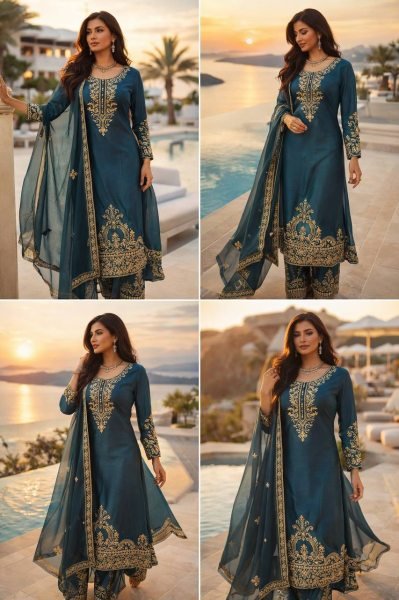 Ready to Wear Silk Thread Work Straight Cut Top with Palazzo and Dupatta for Reseller Shops Ready To Wear Collection