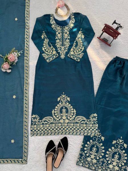 Ready to Wear Silk Thread Work Straight Cut Top with Palazzo and Dupatta for Reseller Shops Ready To Wear Collection