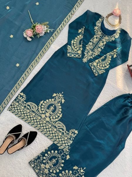 Ready to Wear Silk Thread Work Straight Cut Top with Palazzo and Dupatta for Reseller Shops Ready To Wear Collection