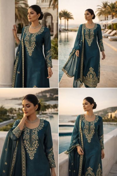 Ready to Wear Silk Thread Work Straight Cut Top with Palazzo and Dupatta for Reseller Shops Ready To Wear Collection