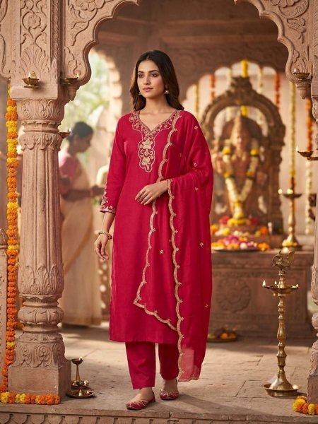 Ready-to-Wear Slub Cotton Embroidered Kurti Set with Chinnon Dupatta for Office and Daily Wear Kurtis