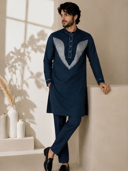 Ready to Wear Teal Blue Men's Lachka Kurta Pant Set with Dual Side Pockets  Mens Wear