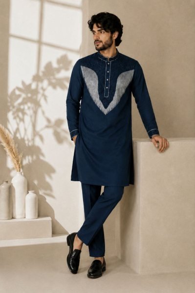 Ready to Wear Teal Blue Men's Lachka Kurta Pant Set with Dual Side Pockets  Mens Short Kurta