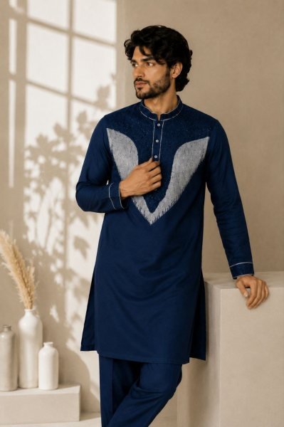 Ready to Wear Teal Blue Men's Lachka Kurta Pant Set with Dual Side Pockets  Mens Short Kurta