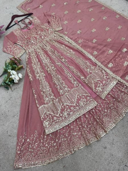 Royal Pink Crunchy Silk 3 Piece Suit with Sequin Embroidery Wedding Partywear Set  Ready To Wear Collection