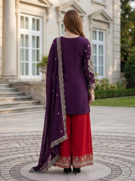 Readymade Dark Purple Chinon Silk Embroidered Suit Set Collection At Manufacturer Rates Ready To Wear Collection