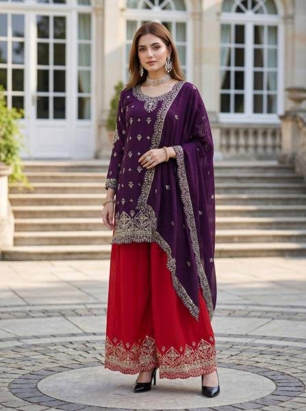 Readymade Dark Purple Chinon Silk Embroidered Suit Set Collection At Manufacturer Rates Ready To Wear Collection