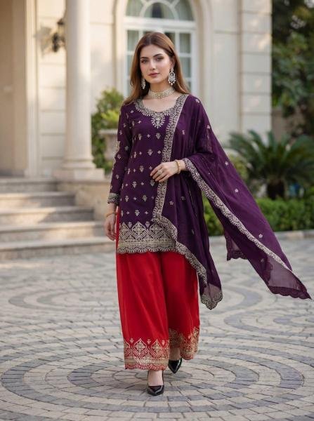 Readymade Dark Purple Chinon Silk Embroidered Suit Set Collection At Manufacturer Rates Ready To Wear Collection