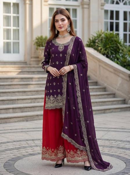 Readymade Dark Purple Chinon Silk Embroidered Suit Set Collection At Manufacturer Rates Ready To Wear Collection
