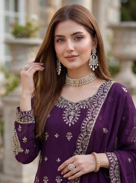 Readymade Dark Purple Chinon Silk Embroidered Suit Set Collection At Manufacturer Rates Ready To Wear Collection