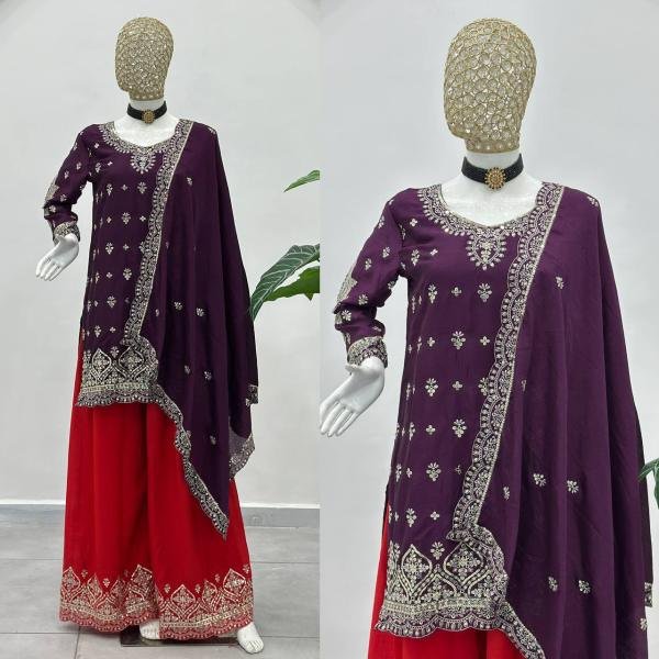 Readymade Dark Purple Chinon Silk Embroidered Suit Set Collection At Manufacturer Rates Ready To Wear Collection