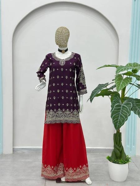 Readymade Dark Purple Chinon Silk Embroidered Suit Set Collection At Manufacturer Rates Ready To Wear Collection