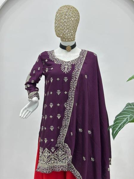 Readymade Dark Purple Chinon Silk Embroidered Suit Set Collection At Manufacturer Rates Ready To Wear Collection