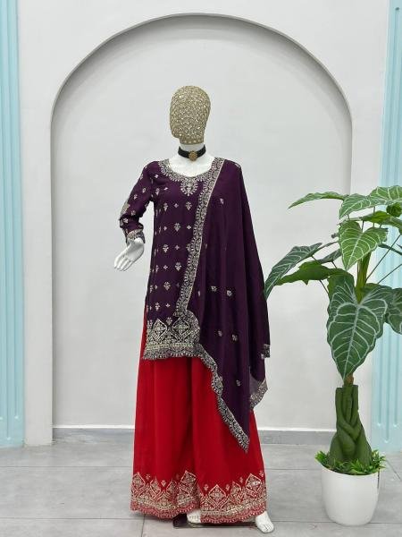 Readymade Dark Purple Chinon Silk Embroidered Suit Set Collection At Manufacturer Rates Ready To Wear Collection