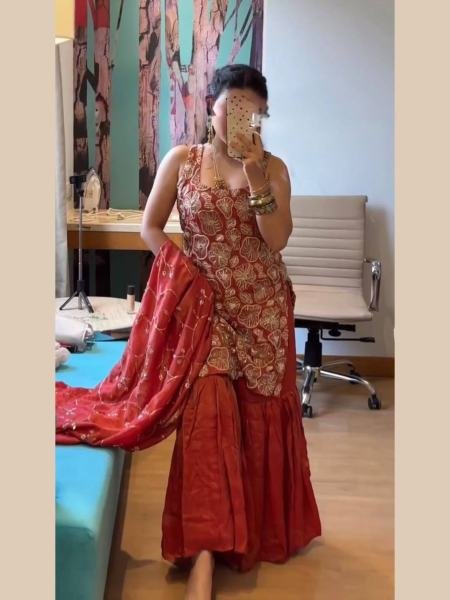 Readymade Dusty Red Simmer Silk Suit Set With Thread Work For Woman 