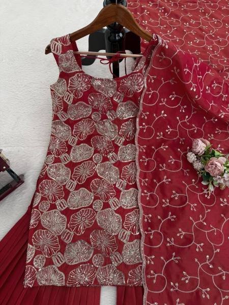 Readymade Dusty Red Simmer Silk Suit Set With Thread Work For Woman Ready To Wear Collection