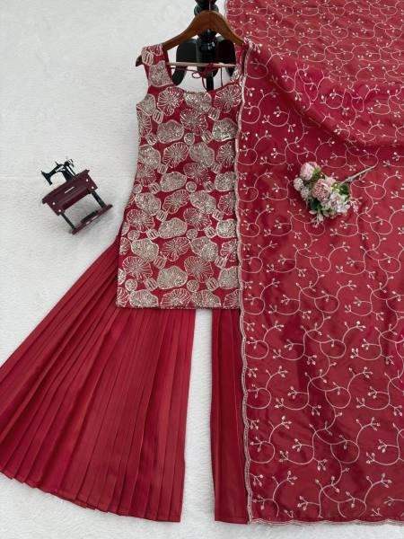 Readymade Dusty Red Simmer Silk Suit Set With Thread Work For Woman Ready To Wear Collection