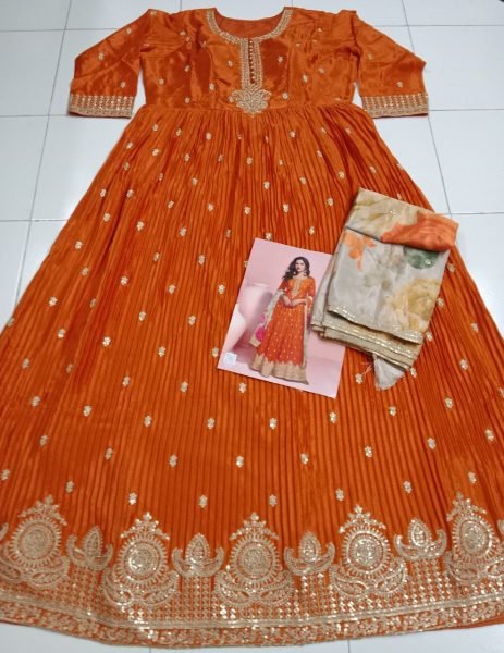 Readymade Mustard Heavy Chinon Gown Set with Full Flair and Embroidered Dupatta Stylish Indo Western Look for Festive Occasions Anarakali Gown Wholesale