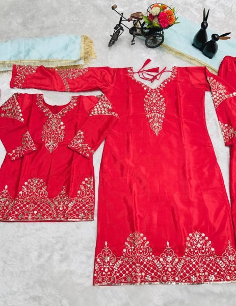 Readymade Red Sharara Set for Mother Daughter Family Twinning Combo at Wholesale Rate Mom-Doughter Collection