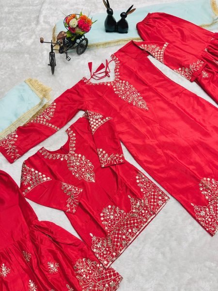 Readymade Red Sharara Set for Mother Daughter Family Twinning Combo at Wholesale Rate Mom-Doughter Collection